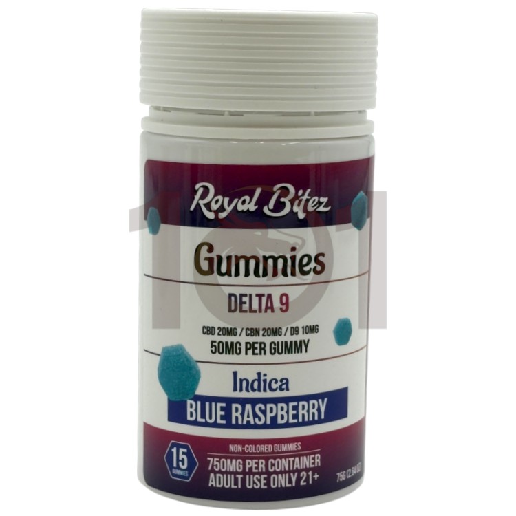 ROYAL BITEZ  D9+CBD+CBG+CBN 50MG 15CT JAR GUMMY INDICA - BLUE RASPBERRY
