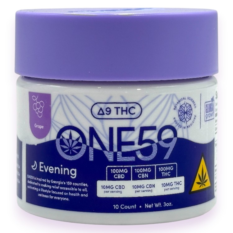 ONE59 30MG D9+THC GUMMY 10CT JAR - EVENING SLEEP GRAPE