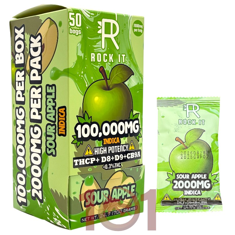 ROCK IT HIGH POTENCY THCP+D9+D8+CB9A GUMMY 2000MG PK INDICA - SOUR APPLE