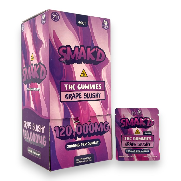 SMAK'D - DELTA - GUMMY - THC - 2000MG/CT - 60CT/BX - (120000MG/BX) - GRAPE SLUSHY