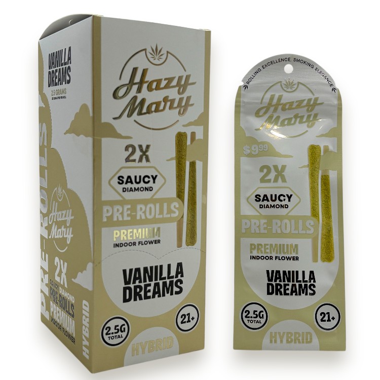 HAZY MARY SAUCY DIAMOND SP 2/$9.99 THCP 1.25GM PREROLL 2CT PK HYBRID - VANILLA DREAMS