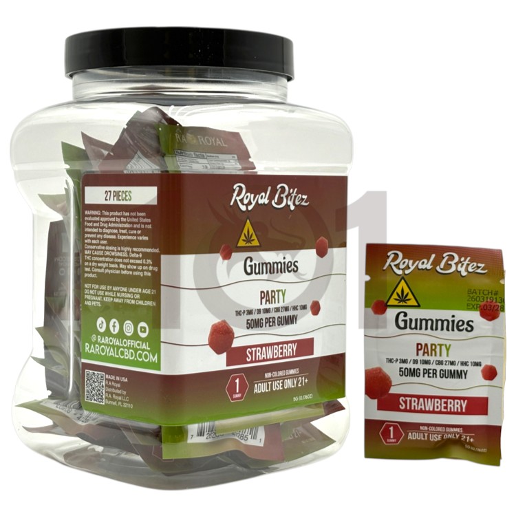 ROYAL BITEZ THCP+D9+CBG+HHC 50MG 1CT PK PARTY GUMMY - STRAWBERRY