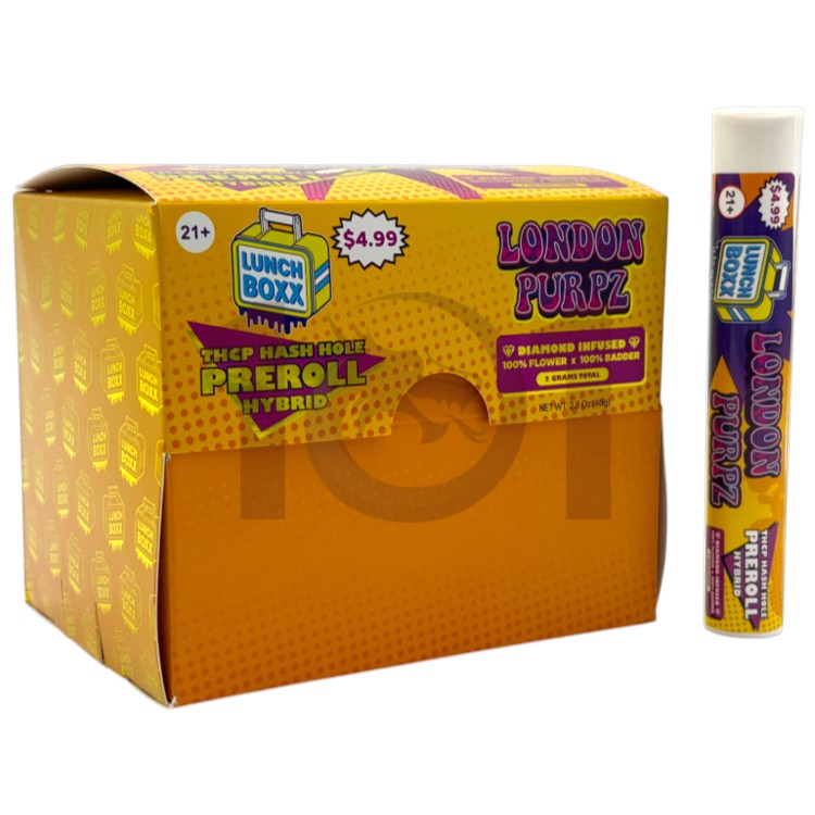 LUNCH BOXX HASH HOLE SP 1CT/$4.99 THCP 2GM 1CT PK DIAMOND INFUSED PREROLL HYBRID - LONDON PURPZ