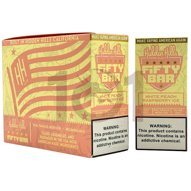 FIFTY BAR SALT NICOTINE 20000 5% HIDDEN HILLS CLUB - WHITE PEACH RASPBERRY ICE