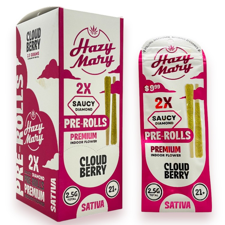 HAZY MARY SAUCY DIAMOND SP 2/$9.99 THCP 1.25GM PREROLL 2CT PK SATIVA - CLOUD BERRY