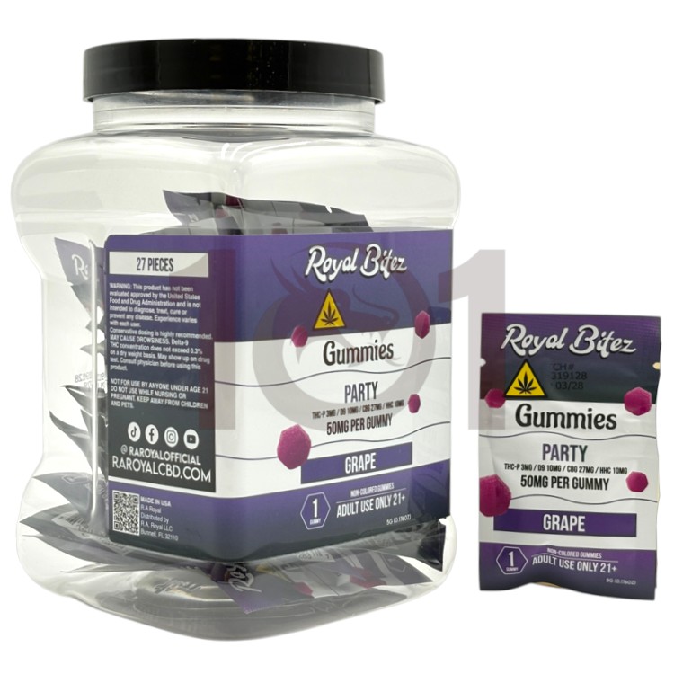 ROYAL BITEZ THCP+D9+CBG+HHC 50MG 1CT PK PARTY GUMMY - GRAPE