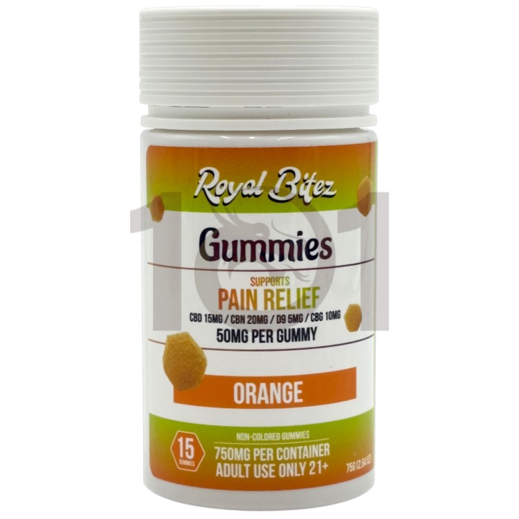 ROYAL BITEZ CBD+CBN+D9+CBG 50MG 15CT JAR PAIN RELIEF GUMMY - ORANGE