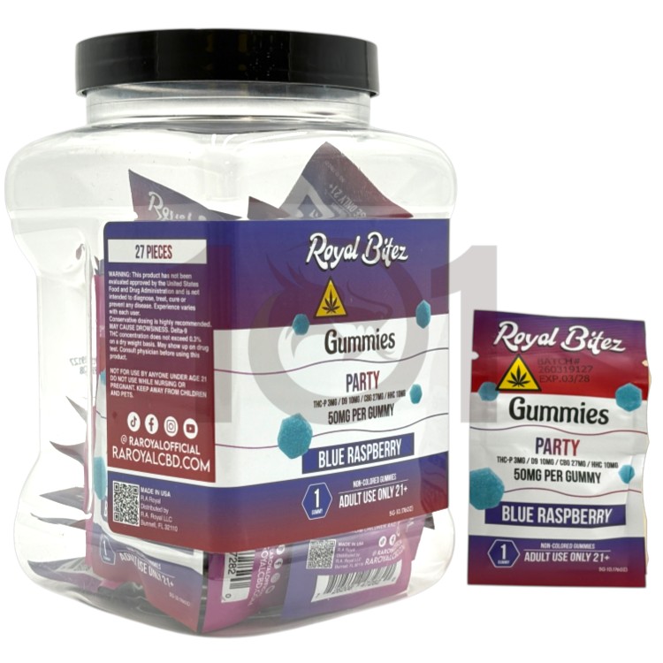ROYAL BITEZ THCP+D9+CBG+HHC 50MG 1CT PK PARTY GUMMY - BLUE RASPBERRY
