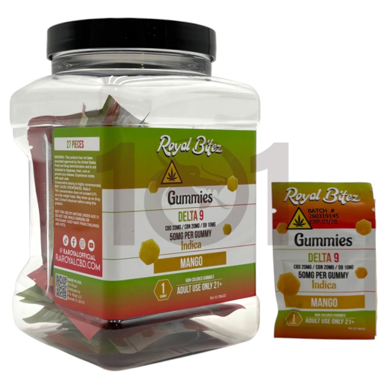 ROYAL BITEZ D9+CBD+CBG+CBN 50MG 1CT PK GUMMY INDICA - MANGO