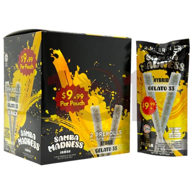 SAMBA MADNESS SP 1PK/$9.99 2GM 2CT PK DIAMONDS GLAZED PREROLL HYBRID - GELATO 33