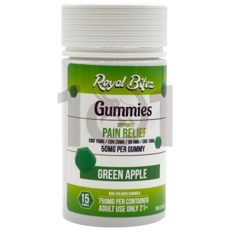ROYAL BITEZ CBD+CBN+D9+CBG 50MG 15CT JAR PAIN RELIEF GUMMY - GREEN APPLE
