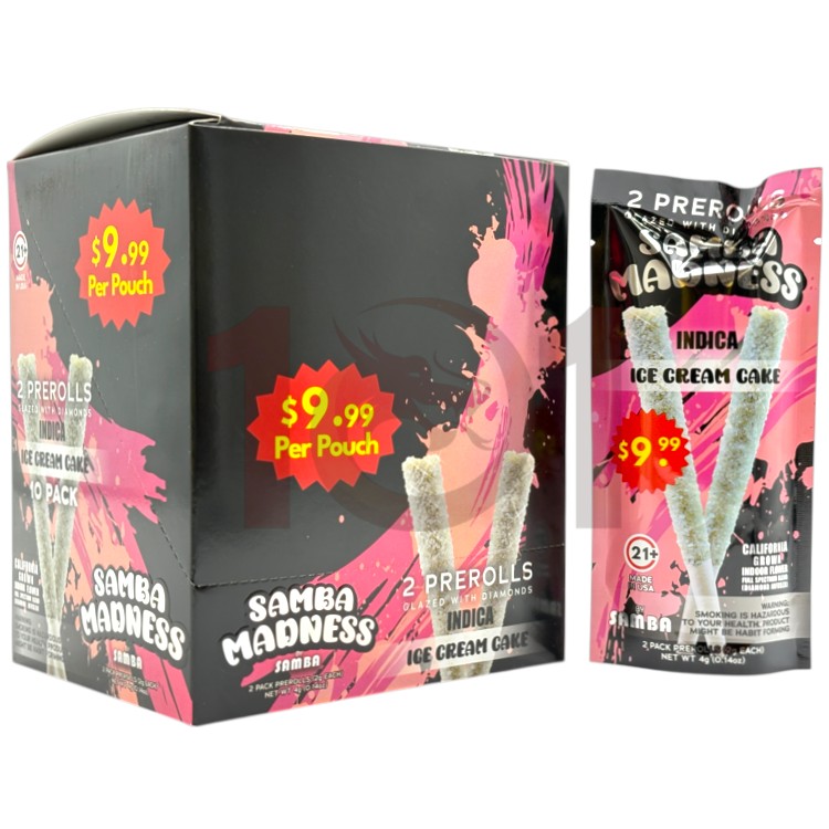 SAMBA MADNESS SP 1PK/$9.99 2GM 2CT PK DIAMONDS GLAZED PREROLL INDICA - ICE CREAM CAKE