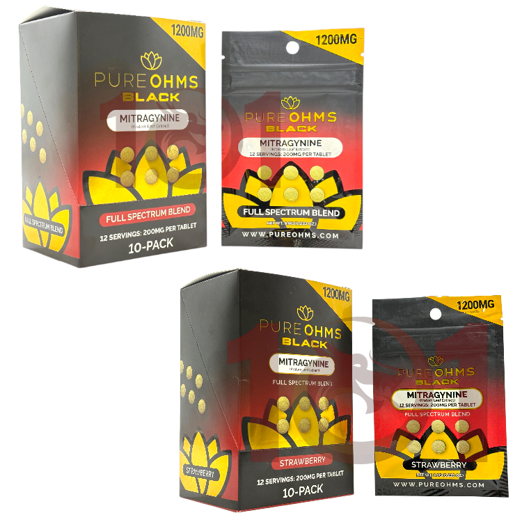 PURE OHMS MITRAGYNINE EXTRACT TABLET 200MG/CT 6CT PK STRAWBERRY/FULL SPECTRUM BLEND - BLACK