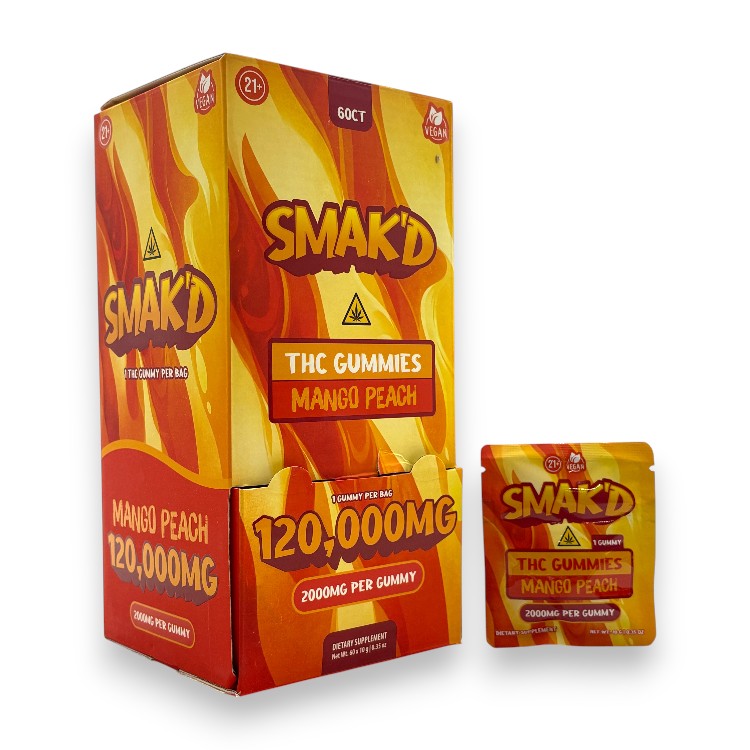 SMAK'D - DELTA - GUMMY - THC - 2000MG/CT - 60CT/BX - (120000MG/BX) - MANGO PEACH
