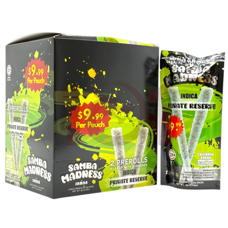 SAMBA MADNESS SP 1PK/$9.99 2GM 2CT PK DIAMONDS GLAZED PREROLL INDICA - PRIVATE RESERVE